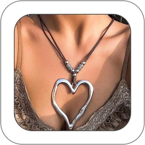 GIGB PBDK Boho Adjustable Leather Cord Heart Pendant Necklace for Women Gold Exaggeration Heart Collar Tie Necklace Vintage Heart Choker Jewelry Gift in Saudi Arabia