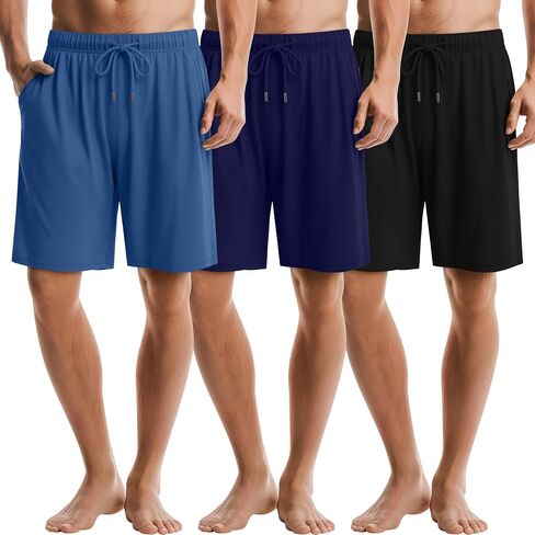 3 Pack Men's Pajama Shorts Bamboo Sleep Shorts Summer Elastic Waist Drawstring Pjs Lounge Bottoms with Pocket in Kuwait