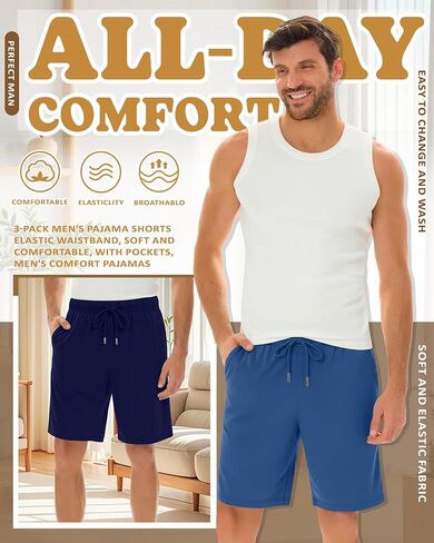 3 Pack Men's Pajama Shorts Bamboo Sleep Shorts Summer Elastic Waist Drawstring Pjs Lounge Bottoms with Pocket in Kuwait