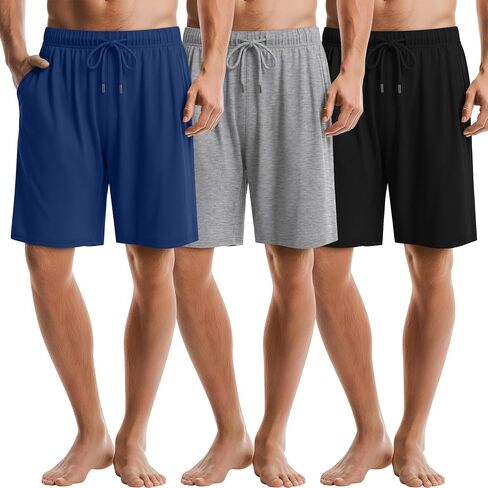 3 Pack Men's Pajama Shorts Bamboo Sleep Shorts Summer Elastic Waist Drawstring Pjs Lounge Bottoms with Pocket in Kuwait
