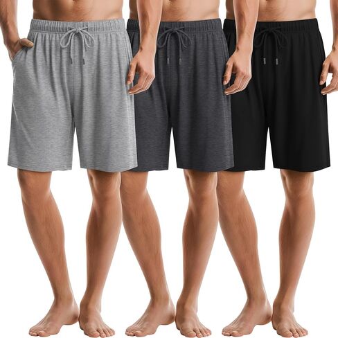 3 Pack Men's Pajama Shorts Bamboo Sleep Shorts Summer Elastic Waist Drawstring Pjs Lounge Bottoms with Pocket in Kuwait