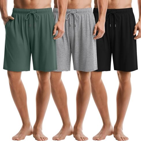 3 Pack Men's Pajama Shorts Bamboo Sleep Shorts Summer Elastic Waist Drawstring Pjs Lounge Bottoms with Pocket in Kuwait