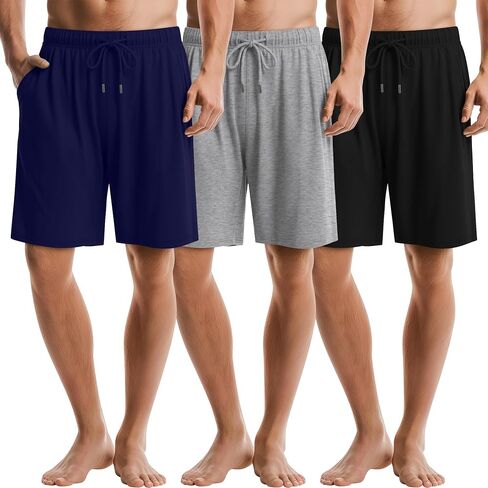 3 Pack Men's Pajama Shorts Bamboo Sleep Shorts Summer Elastic Waist Drawstring Pjs Lounge Bottoms with Pocket in Kuwait