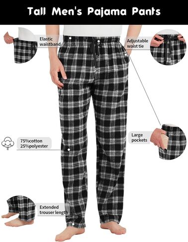 Idtswch Tall Mens Pajamas Pants 32/34/36/38 Long Inseam Plaid Lounge Pants Sleepwear Bottoms in Kuwait