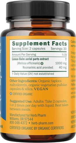 Herb Pharm Lemon Balm Calm Capsules: Calming Nervous System Support, Certified Organic Capsules with Lemon Balm Leaf Extract, Melatonin Free Relaxing Supplement, Vegan, 30 Day Supply, 60 Capsules* in Saudi Arabia