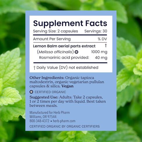 Herb Pharm Lemon Balm Calm Capsules: Calming Nervous System Support, Certified Organic Capsules with Lemon Balm Leaf Extract, Melatonin Free Relaxing Supplement, Vegan, 30 Day Supply, 60 Capsules* in Saudi Arabia