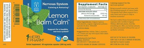 Herb Pharm Lemon Balm Calm Capsules: Calming Nervous System Support, Certified Organic Capsules with Lemon Balm Leaf Extract, Melatonin Free Relaxing Supplement, Vegan, 30 Day Supply, 60 Capsules* in Saudi Arabia