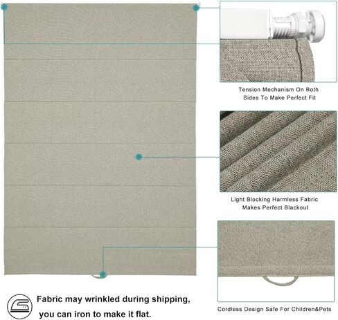 Changshade No Drill Roman Shades Cordless Blinds Blackout for Indoor Windows, Room Darkening Black Out Tension Rod No Hardware No Tools Inside Mount, Shade Size 47 Inches Wide 64 Inches High, Beige in Saudi Arabia