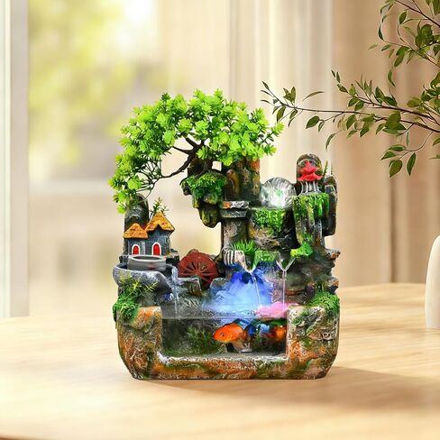 Upgraded Resin Tabletop Waterfall Fountain with LED Mist & DIY Rockery Landscape, Relaxing Desktop Water Fountain for Office, Bedroom & Home Décor, Quiet Indoor Water Feature in Kuwait