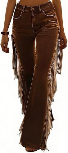 Women's Tassel Suade Pants High Waist Flare Pant Vintage Western Baggy Wide Leg Side Tassel Pants, Stretch Slim Fringe Pant in Saudi Arabia