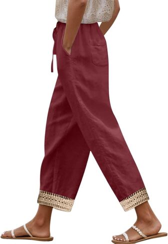 Linen Pants Women Petite Summer Casual Lightweight Straight Leg Ankle Length Beach Cropped Trousers with Pockets in Saudi Arabia