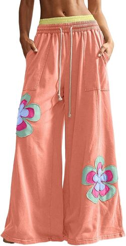 Women's Flower Patch Wide Leg Pants Boho High Waist Drawstring Casual Palazzo Pants for Summer in Saudi Arabia