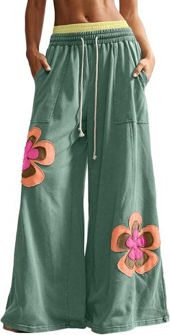 Women's Flower Patch Wide Leg Pants Boho High Waist Drawstring Casual Palazzo Pants for Summer in Saudi Arabia