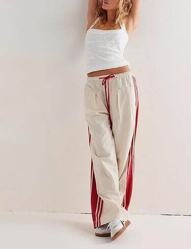 Women Emo Grunge Wide Leg Track Pants Y2K Side Striped Palazzo Pants Vintage Hippie Drawstring Sweatpants with Pockets in Kuwait