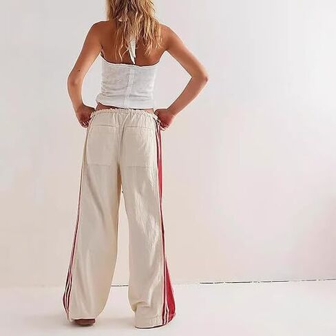 Women Emo Grunge Wide Leg Track Pants Y2K Side Striped Palazzo Pants Vintage Hippie Drawstring Sweatpants with Pockets in Kuwait
