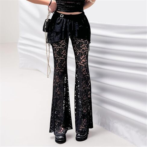 Rave Bell Bottom Pants Woman Goth Flare Sheer Mesh Lace Floral Graphic Lounge Punk Vintage in Saudi Arabia