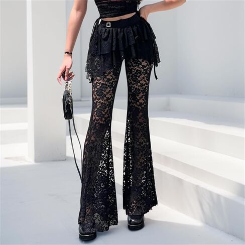 Rave Bell Bottom Pants Woman Goth Flare Sheer Mesh Lace Floral Graphic Lounge Punk Vintage in Saudi Arabia