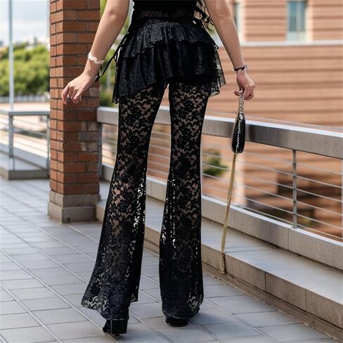 Rave Bell Bottom Pants Woman Goth Flare Sheer Mesh Lace Floral Graphic Lounge Punk Vintage in Saudi Arabia