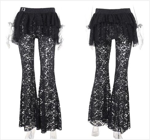 Rave Bell Bottom Pants Woman Goth Flare Sheer Mesh Lace Floral Graphic Lounge Punk Vintage in Saudi Arabia