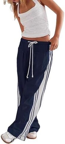 Women Emo Grunge Wide Leg Track Pants Y2K Side Striped Palazzo Pants Vintage Hippie Drawstring Sweatpants with Pockets in Kuwait