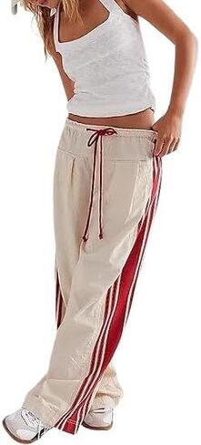 Women Emo Grunge Wide Leg Track Pants Y2K Side Striped Palazzo Pants Vintage Hippie Drawstring Sweatpants with Pockets in Kuwait