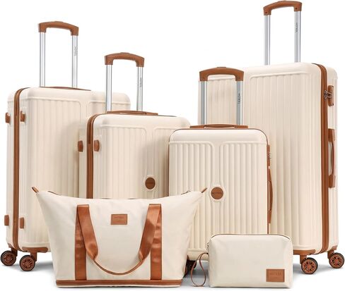 Hoteel Luggage Sets 6 Piece ABS+PC Hardside, 4-Year Warranty, Luggage Set with Spinner Wheels, TSA Lock, Lightweight Carry on Luggage, 16"/20"/24"/28" Suitcase with Duffel & Organizer, Beige in Saudi Arabia