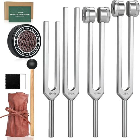 Tuning Forks for Healing Set, 128Hz, 136.1Hz, 256Hz, 384Hz & Activator, Reflex Hammer, Medical Grade Sound Healing Instruments–Pure Frequencies Tuning Forks for Stress Relief/Chakra/Sound Therapy/Yoga in Saudi Arabia