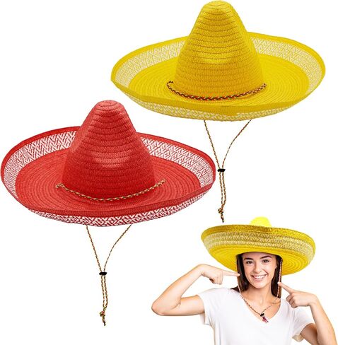 4E's Novelty 2 Pack Sombrero Hats للبالغين، قبعات حفلات Sombrero حمراء وصفراء مع حزام ذقن - من أجل فستان حفلات Fiesta Cinco De Mayo، قبعة مكسيكية للنساء والرجال إكسسوارات الزي in Kuwait