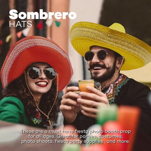 4E's Novelty 2 Pack Sombrero Hats للبالغين، قبعات حفلات Sombrero حمراء وصفراء مع حزام ذقن - من أجل فستان حفلات Fiesta Cinco De Mayo، قبعة مكسيكية للنساء والرجال إكسسوارات الزي in Kuwait