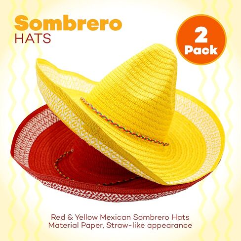 4E's Novelty 2 Pack Sombrero Hats للبالغين، قبعات حفلات Sombrero حمراء وصفراء مع حزام ذقن - من أجل فستان حفلات Fiesta Cinco De Mayo، قبعة مكسيكية للنساء والرجال إكسسوارات الزي in Kuwait