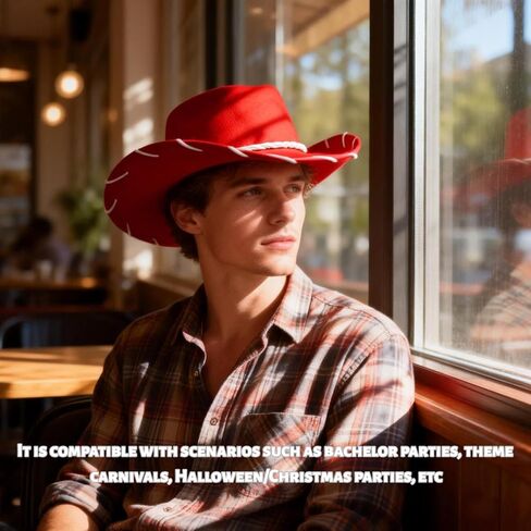 Felt Cowboy Hat, Western Sheriff Costume Hat – Classic Cowboy Hats Teens – 1950s Rancher Rodeo Style Country Music Festival Accessory with Adjustable Chin Cord (Red) in Saudi Arabia