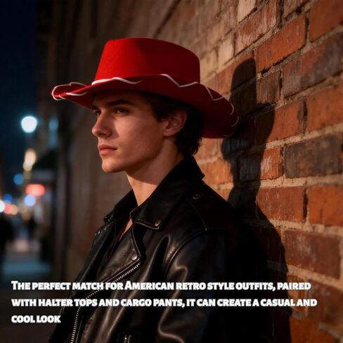 Felt Cowboy Hat, Western Sheriff Costume Hat – Classic Cowboy Hats Teens – 1950s Rancher Rodeo Style Country Music Festival Accessory with Adjustable Chin Cord (Red) in Saudi Arabia