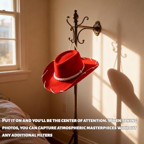 Felt Cowboy Hat, Western Sheriff Costume Hat – Classic Cowboy Hats Teens – 1950s Rancher Rodeo Style Country Music Festival Accessory with Adjustable Chin Cord (Red) in Saudi Arabia