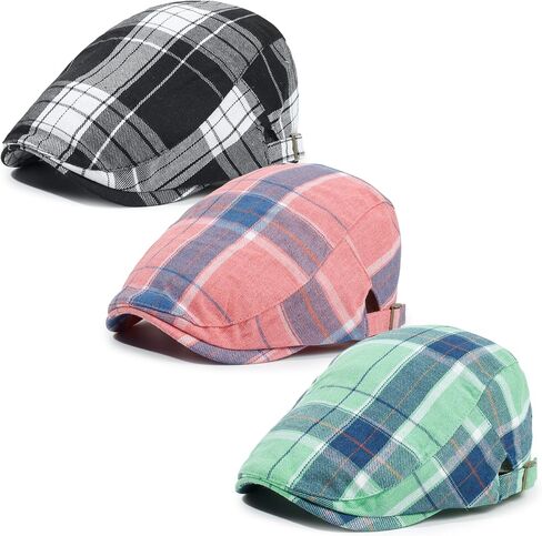 Plaid 3Pcs Newsboy Cap for Men Gatsby Cabbie Driving Hat Cool Adjustable Flat Cap in Kuwait