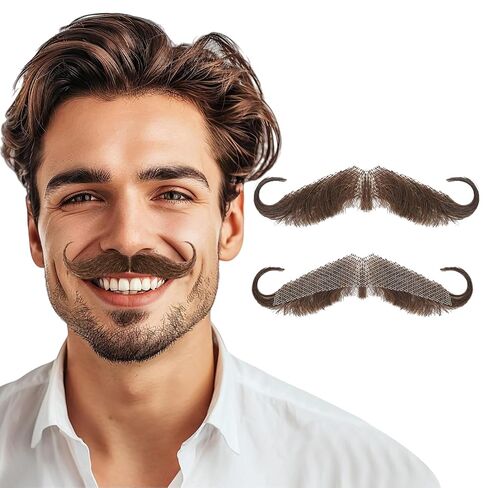 Fake Mustache Realistic Handlebar Mustache Stick On for Adults -100% Human Hair with Lace Front for Easy Application - Costume Mustache for Halloween, Cosplay, Masquerade Party for Men & Women（ Brown） in Saudi Arabia