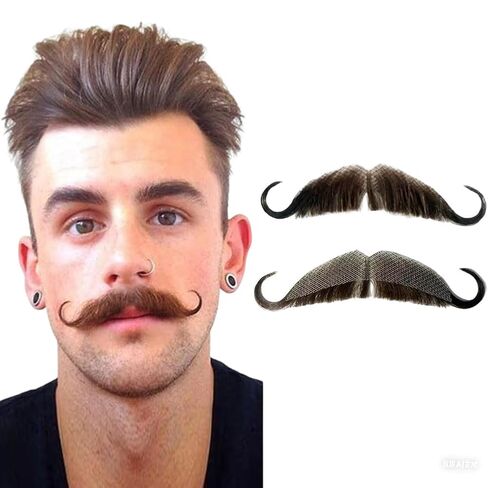 شارب مزيف ولحية مزيفة، شارب شعر بشري مصنوع يدويًا، تصميم دانتيل غير مرئي للاستخدام اليومي، لعب الأدوار، الدراما، الهالوين، حفلات الموضة وأي مكان، تسليط الضوء على النمط الشخصي. (أسود-3) in Kuwait