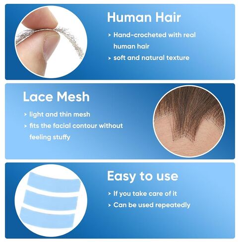 شارب مزيف ولحية مزيفة، شارب شعر بشري مصنوع يدويًا، تصميم دانتيل غير مرئي للاستخدام اليومي، لعب الأدوار، الدراما، الهالوين، حفلات الموضة وأي مكان، تسليط الضوء على النمط الشخصي. (أسود-3) in Kuwait