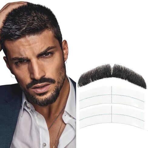 شارب مزيف ولحية مزيفة، شارب شعر بشري مصنوع يدويًا، تصميم دانتيل غير مرئي للاستخدام اليومي، لعب الأدوار، الدراما، الهالوين، حفلات الموضة وأي مكان، تسليط الضوء على النمط الشخصي. (أسود-3) in Kuwait