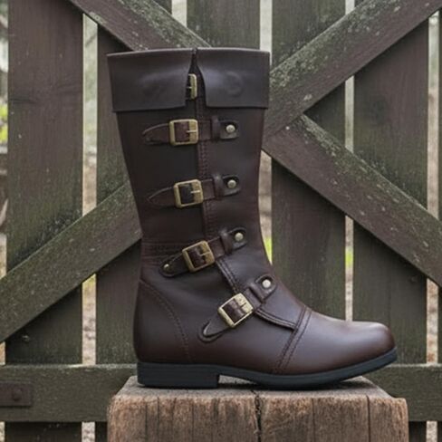 Medieval Leather Boots 4 Buckle | Renaissance Loafer Long Boot Pirate Costume Viking Mens Shoes SCA LARP Riding in Saudi Arabia