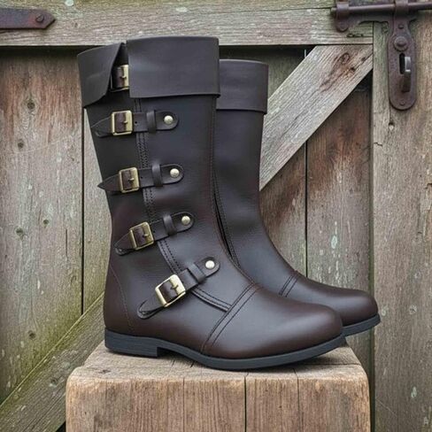 Medieval Leather Boots 4 Buckle | Renaissance Loafer Long Boot Pirate Costume Viking Mens Shoes SCA LARP Riding in Saudi Arabia