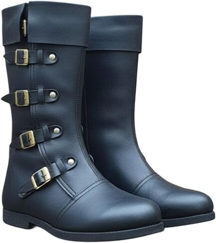 Medieval Leather Boots 4 Buckle | Renaissance Loafer Long Boot Pirate Costume Viking Mens Shoes SCA LARP Riding in Saudi Arabia