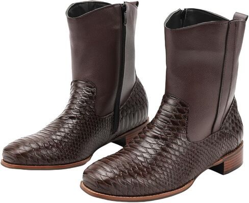 Men Embossed Cowboy Boots PU Leather Square-Toe West Boot Side Zipper Retro Mid-Calf Boots in Saudi Arabia
