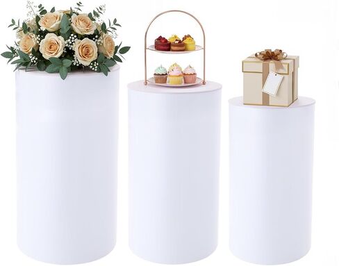 3 Pcs Round Cylinder Pedestal Stand, White Cylinder Pedestal Stands Dessert Cake Table Display Pillars Metal Cylinder Pedestal Display Stand for Wedding Birthday Banquet Baby Shower Parties Decor (White) in Saudi Arabia