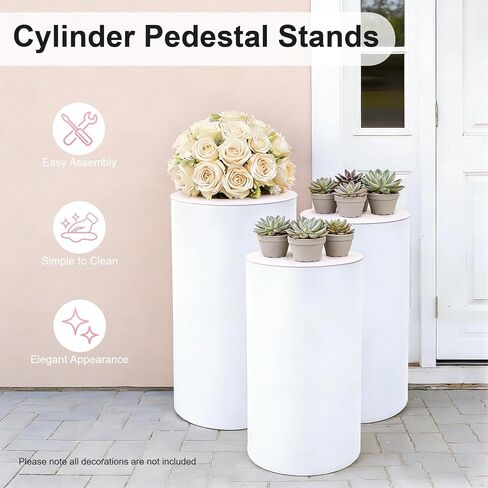 3 Pcs Round Cylinder Pedestal Stand, White Cylinder Pedestal Stands Dessert Cake Table Display Pillars Metal Cylinder Pedestal Display Stand for Wedding Birthday Banquet Baby Shower Parties Decor (White) in Saudi Arabia