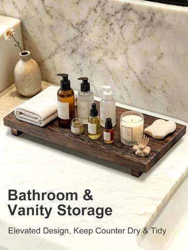 16 x 8 inch Wood Riser Pedestal Stand – Farmhouse Large Wood Tray for Kitchen Counter, Bathroom Decor, Sink, Soap Dishes, Plant, Bottles, Candles Display, Jewelry in Saudi Arabia