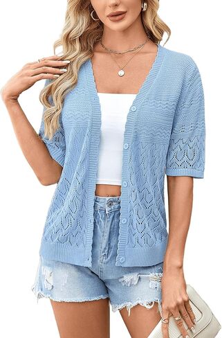 Yekaty Womens Short Sleeve Crochet Summer Cardigan Cropped Button Sweater Lightweight Shrug for Dress in Kuwait