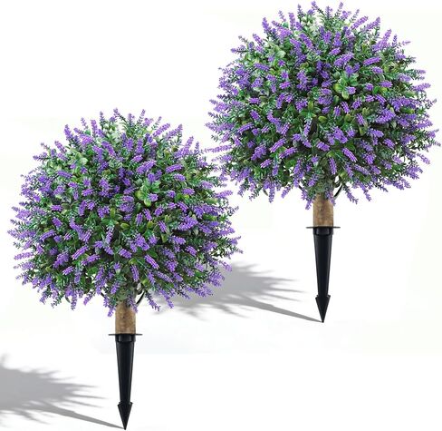 24" Artificial Lavender Boxwood Topiary Ball Trees, 2 Pack UV Resistant Fake Bushes Plants for Outdoor, Faux Shrub with Ground Spike for Indoor Front Porch Garden in Saudi Arabia