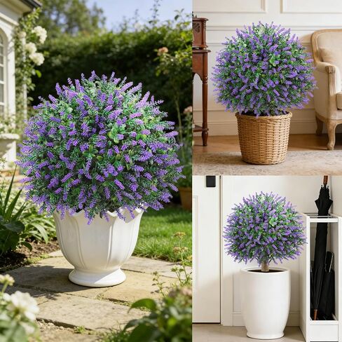 24" Artificial Lavender Boxwood Topiary Ball Trees, 2 Pack UV Resistant Fake Bushes Plants for Outdoor, Faux Shrub with Ground Spike for Indoor Front Porch Garden in Saudi Arabia