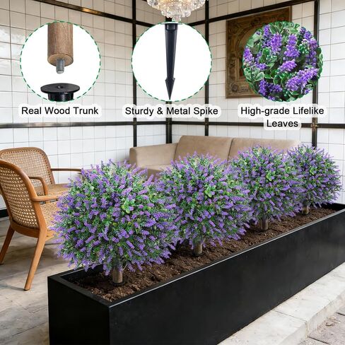 24" Artificial Lavender Boxwood Topiary Ball Trees, 2 Pack UV Resistant Fake Bushes Plants for Outdoor, Faux Shrub with Ground Spike for Indoor Front Porch Garden in Saudi Arabia