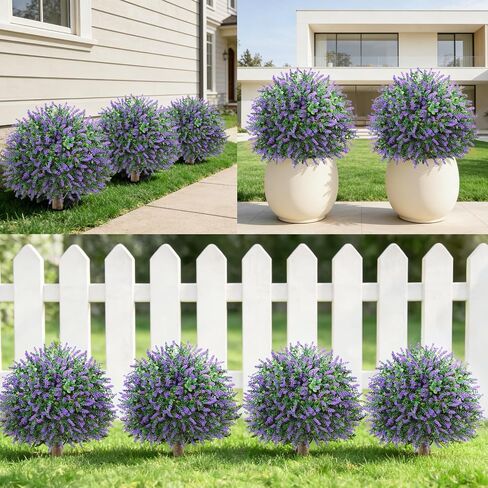 24" Artificial Lavender Boxwood Topiary Ball Trees, 2 Pack UV Resistant Fake Bushes Plants for Outdoor, Faux Shrub with Ground Spike for Indoor Front Porch Garden in Saudi Arabia